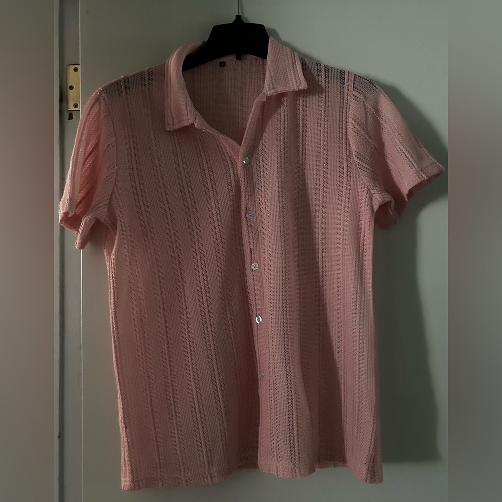 Men’s Button Down Shirt Medium Peach Short Sleeve Textured Casual Summer